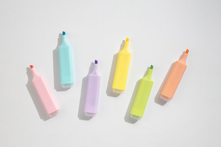 Colored markers on a white background. top view; flat lay.の写真素材
