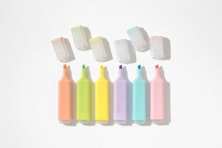 Colored markers pens on a white background. Top view, flat lay.の写真素材