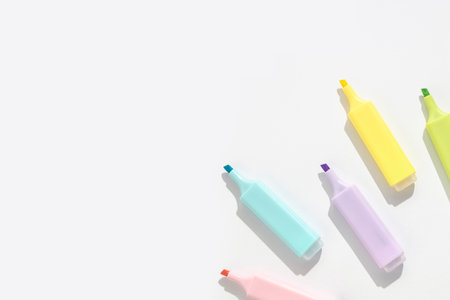 Colored markers on a white background. top view; flat lay.の写真素材