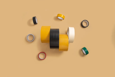 Construction colored adhesive tape, electrical insulating tape on a light background. Top view, flat lay.の写真素材