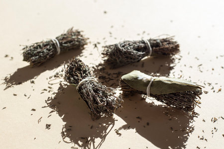 Dry seasoning herbs are tied in bunches on a light background.