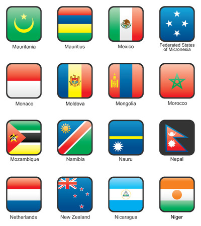 Flag icon set (part 8)  Mauritania, Mauritius, Mexico, Federated States of Micronesia, Monaco, Moldova, Mongolia, Morocco, Mozambique, Namibia, Nauru, Nepal, Netherlands, New Zealand, Nicaragua, Nigerのイラスト素材
