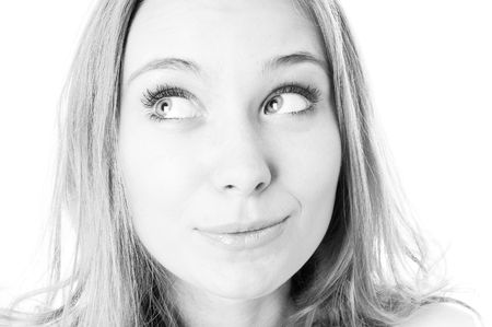 nice girl looks away. Emotions in black & white photoの写真素材