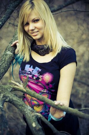  close-up photo of beautiful young girl in the forrest の写真素材