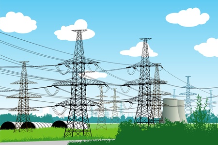 Vector illustration of electricity pylons   Urban landscape のイラスト素材
