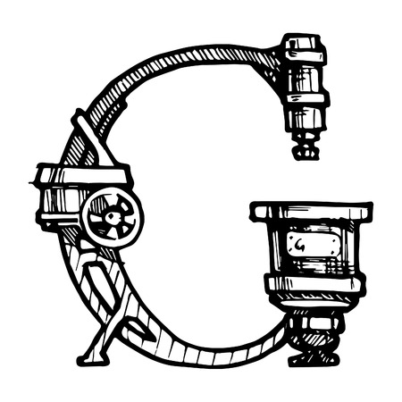 Steampunk letter  made of different technical pieces: pipes, blocks, screws, etc. Stylized as engraving. Letter G.のイラスト素材
