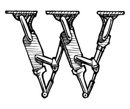 Steampunk letter  made of different technical pieces  pipes, blocks, screws, etc  Stylized as engraving  Letter W のイラスト素材