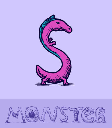 Illustration of  a font made of monsters stylized as engraving. Letter sのイラスト素材