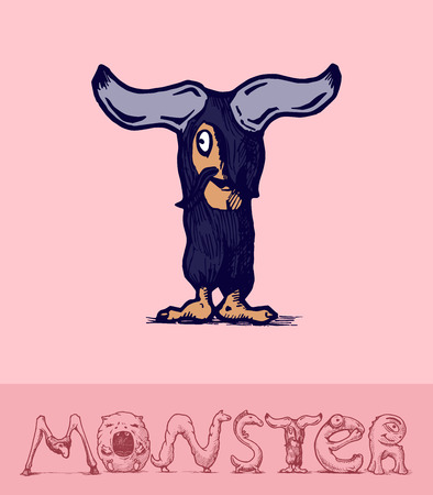 Illustration of  a font made of monsters stylized as engraving. Letter tのイラスト素材