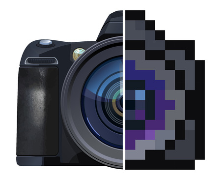 vector  illustration of Reflex camera. Half is photo real, half is pixel art stylized.