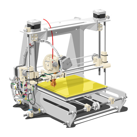 Vector illustration of a 3D printer on white background. Solid fill only, no gradients.
