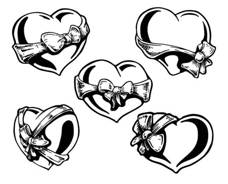 Set of Valentine hearts with a bow-knots. vector illustration. hand drawn.のイラスト素材