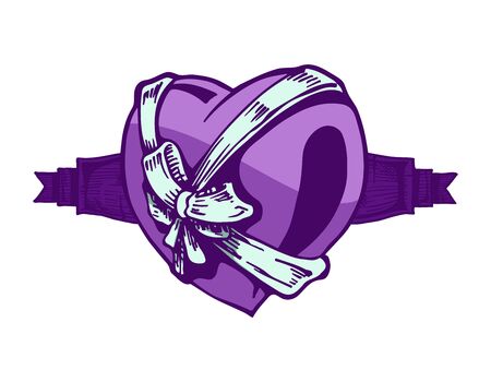 Heart tattoo with ribbon on white background. Color vector illustration.のイラスト素材
