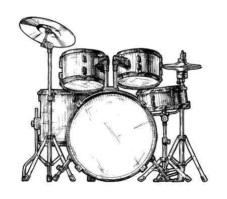 hand drawn illustration of drum kit. isolated on whiteのイラスト素材