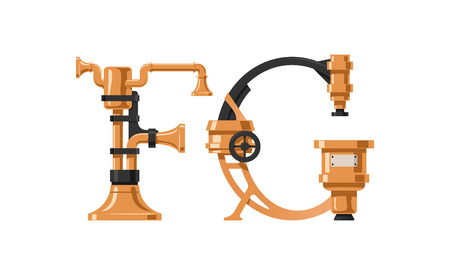 Steampunk letter  made of different technical pieces: pipes, blocks, screws, etc. Letter F and G.のイラスト素材