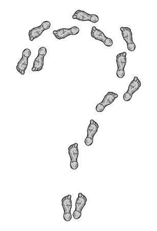 Question mark, formed by the human bare footprints. Vector illustration in ink hand drawn style.のイラスト素材