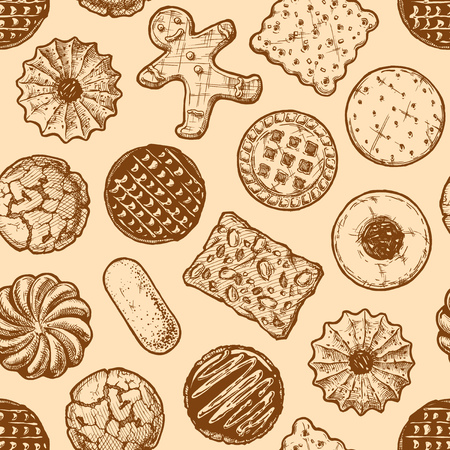 Vector seamless pattern with different tasty cookies. illustration background in old fashioned etched style.のイラスト素材