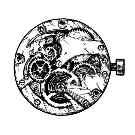 Vector ink hand drawn illustration of clockwork. Black and white. isolated on white.のイラスト素材
