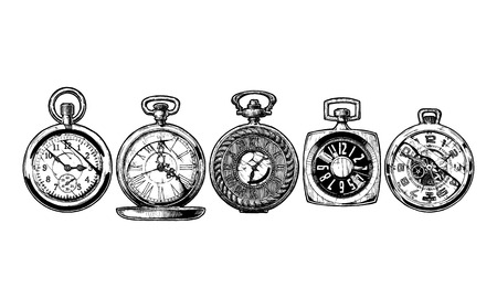 Vector ink hand drawn set of pocket watches. Black and white illustration. isolated on white.のイラスト素材