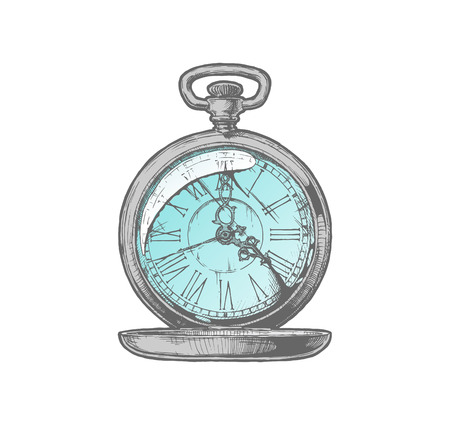 Vector ink hand drawn illustration of antique pocket watch. isolated on white.のイラスト素材