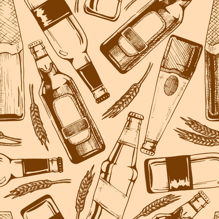 Vector seamless pattern with different beer bottles. illustration background in ink hand drawn style.のイラスト素材