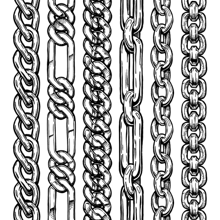 Vector black and white hand drawn set of different seamless chains. illustration Isolated on white backgroundのイラスト素材