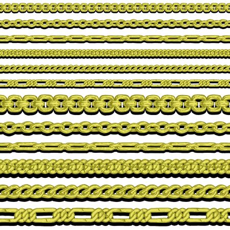 Vector hand drawn set of different seamless gold chains. illustration Isolated on white backgroundのイラスト素材