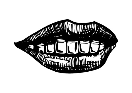 Vector black and white hand drawn illustration of woman  smile lipsのイラスト素材