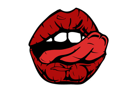 Vector illustration of woman open mouth with licking tongue and red lips in comics style. Isolated on white backgroundのイラスト素材