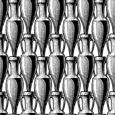 vector  black-and-white  seamless pattern with ancient amphora. illustration background in ink hand drawn styleのイラスト素材