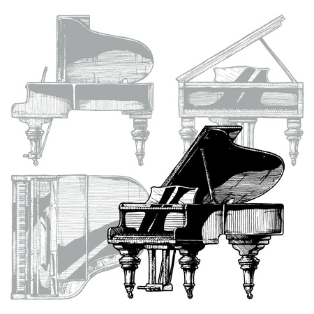 Vector hand drawn illustration of Grand Piano. Orthographic projection on the background. Top, front, right side views.のイラスト素材
