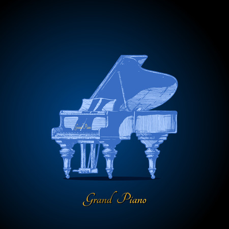Vector hand drawn illustration of Grand Piano on dark blue background.のイラスト素材
