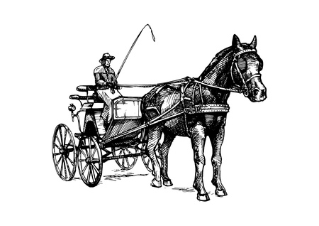 Vector hand drawn illustration of spider phaeton. Open sporty carriage drawn by one horse. Black and white, isolated on white. In vintage engraved style.のイラスト素材