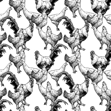 Seamless pattern with hen and cock. Vector illustration in vintage engraved style on white background.のイラスト素材