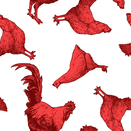 Seamless pattern with red cock and hen. Vector illustration in vintage engraved style on white background.のイラスト素材