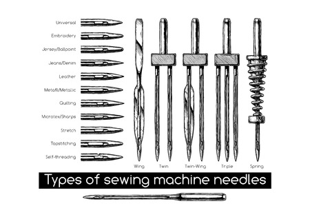Vector hand drawn illustration of sewing machine needles types in vintage engraved style. isolated on white background.のイラスト素材