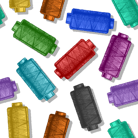 Seamless color pattern with sewing thread bobbins. Vector illustration in vintage engraved style on white background.のイラスト素材