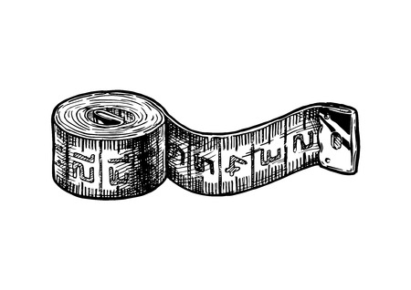 Vector black-and-white hand drawn illustration of tape measure in vintage engraved style. isolated on white background.のイラスト素材