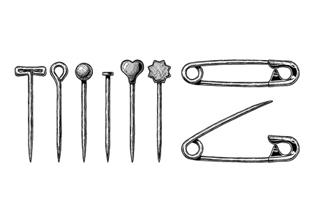 Vector black-and-white hand drawn illustration in vintage engraved style of different sewing pins. T-pin, hook-head, ball-point, silk, flat plastic head and safety pin.のイラスト素材