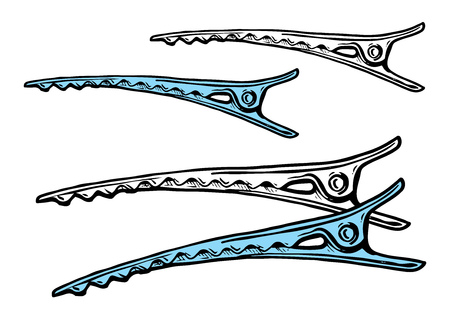 Vector hand drawn illustration of barrette alligator hair clips in vintage engraved style. isolated on white background. Side view.のイラスト素材