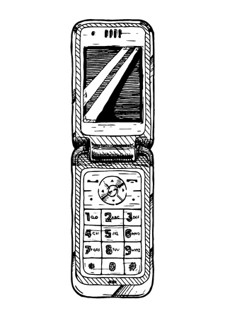 Vector hand drawn illustration of flip phone in vintage engraved style. isolated on white background.のイラスト素材