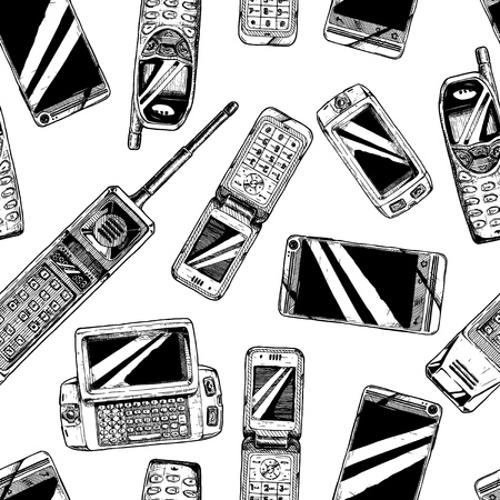 Seamless black-and-white pattern with mobile phone. Vector illustration in vintage engraved style on white background.のイラスト素材