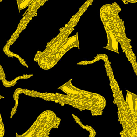 Seamless pattern with yellow saxophone. Vector illustration in vintage engraved style on black background.のイラスト素材