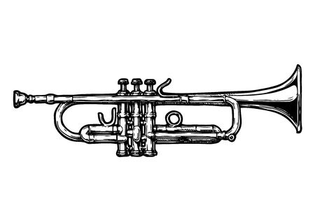 A vector hand drawn in black and white illustration of trumpet, isolated on white.のイラスト素材