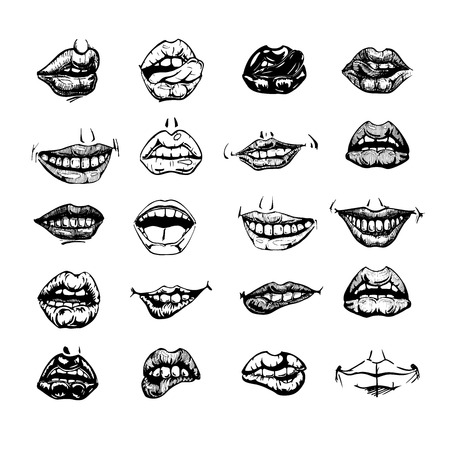 Set of mouth smile sexy woman lips. Vector illustration in ink hand drawn styleのイラスト素材