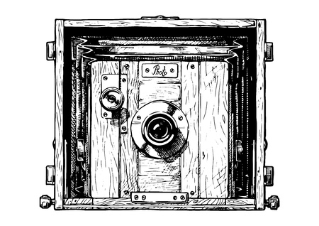 Vector hand drawn sketch of view photo camera in vintage engraved style on white backgroundのイラスト素材