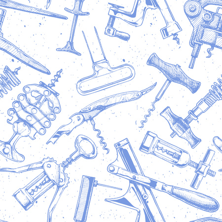 Seamless pattern with different corkscrews. Vector illustration in vintage engraved style.のイラスト素材