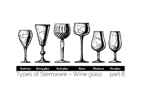 Types of wine glass. Sauternes, sherry, hock, alsace, madeiera and port glasses. illustration of stemwares in vintage engraved style. isolated on white background.のイラスト素材