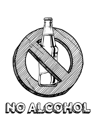 No alcohol sign. Black and white hand drawn illustration in vintage engraved style.のイラスト素材