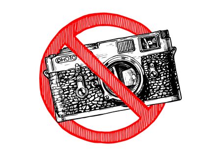 No photography sign. Vector hand drawn illustration in vintage engraved style. isolated on white background.のイラスト素材